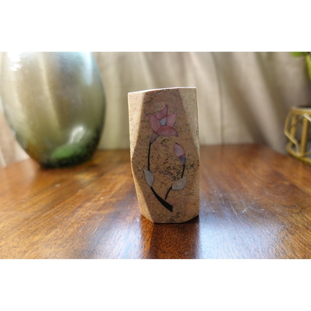 Vintage Stone Vase with Inlaid‎ Floral Design, Small Decorative Vase